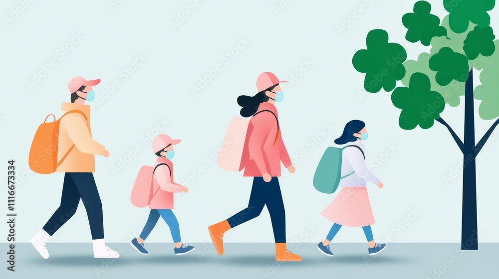 Fototapeta premium Family outing in masks urban park digital illustration socially distanced colorful view public health awareness