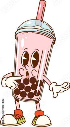 Cartoon groovy pink bubble tea fast food character. Isolated vector disposable cup with tapioca pearls and a straw, wearing sneakers. Retro drink personage expressive eyes and a surprised expression