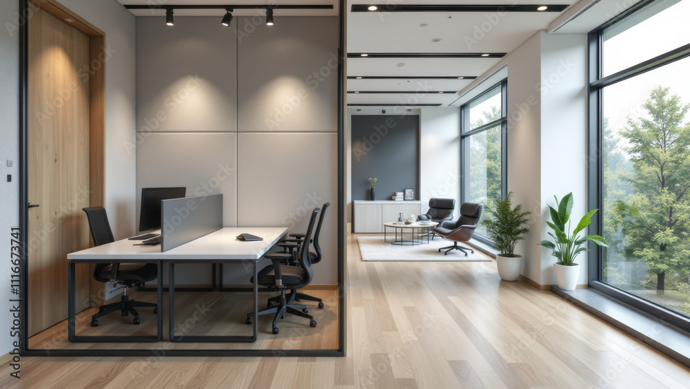 Fototapeta premium Modern office with sound-absorbing panels on walls.