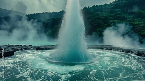 Natural geothermal geyser erupts with powerful steam and water in a serene landscape