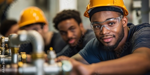 A diverse group of young plumbers working together in a workshop, wearing safety helmets and goggles, focused on plumbing tasks