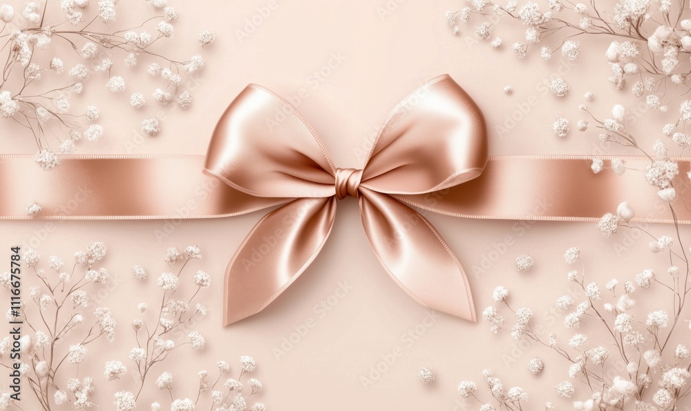 Elegant satin bow with delicate flowers, soft pink background, perfect for gifts and celebrations Elegant satin bow with delicate flowers, soft pink background, perfect for gifts and celebrations