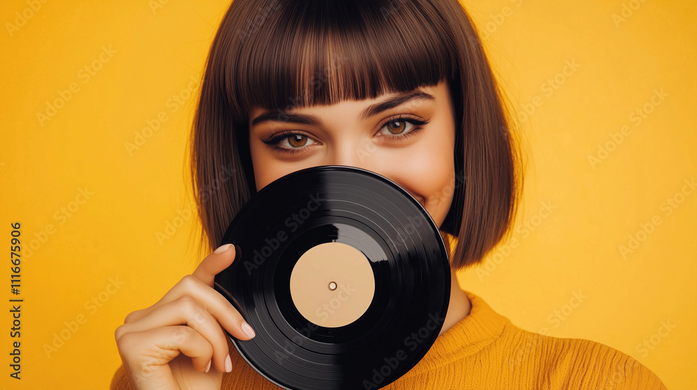 Fototapeta premium Cheerful young woman holding a vinyl record in front of a vibrant yellow background,