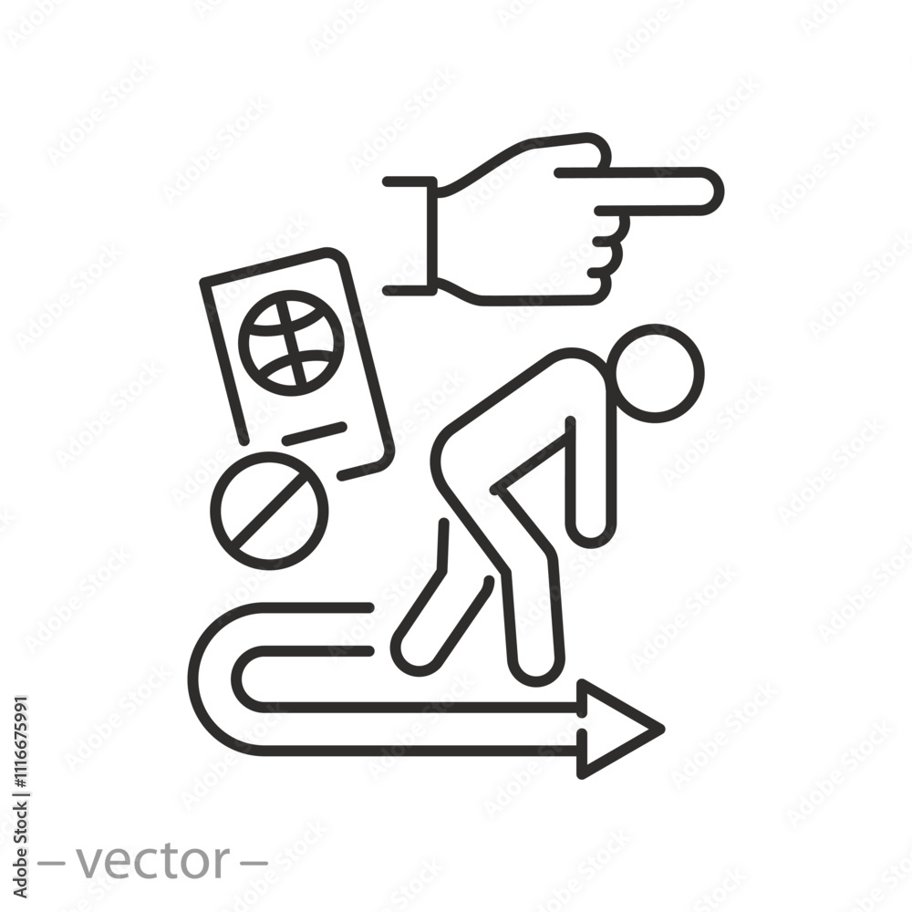 deported man, deportation icon, population displacement forced, expulsion of a person from a country, thin line symbol - editable stroke vector illustration