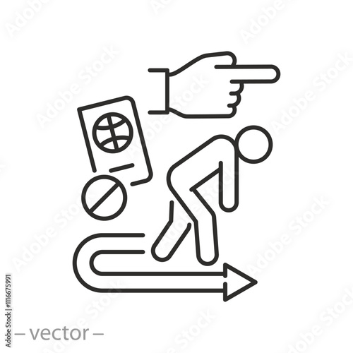 deported man, deportation icon, population displacement forced, expulsion of a person from a country, thin line symbol - editable stroke vector illustration