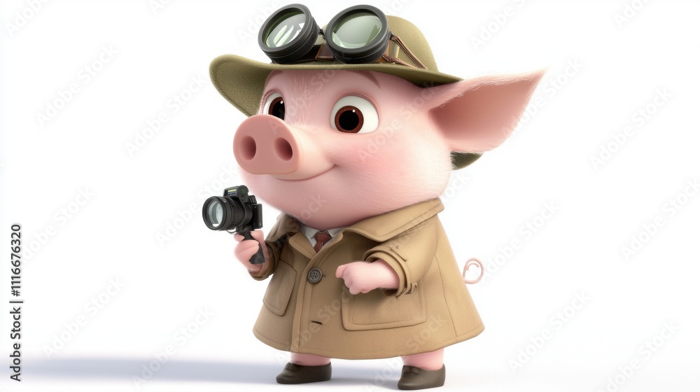 Fototapeta premium Cute cartoon pig dressed as a detective holding a camera with playful expression in a light background
