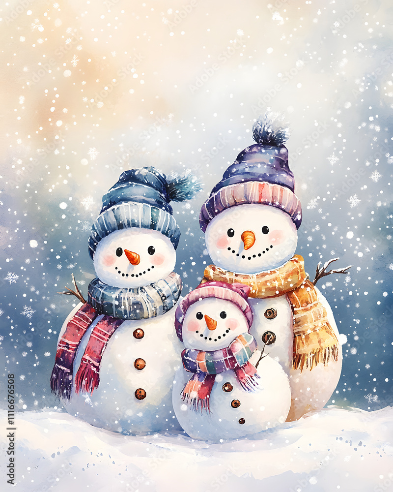 Fototapeta premium Three cheerful snowmen wearing colorful hats and scarves, surrounded by falling snow.