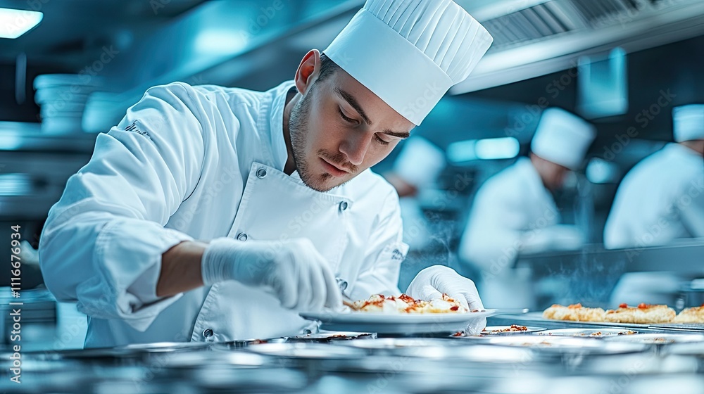 Chef meticulously plating a dish in a professional kitchen, showcasing culinary precision and dedication to food presentation. Chef meticulously plating a dish in a professional kitchen, showcasing culinary precision and dedication to food presentation.