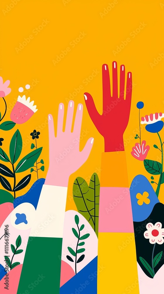 Fototapeta premium Vibrant hands raised in unity colorful garden digital illustration cheerful setting eye-level view community spirit