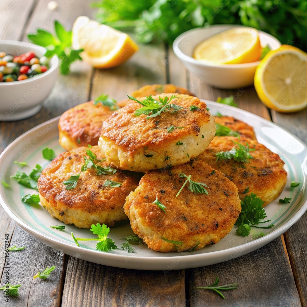 Delicious Southern Salmon Patties Served With Fresh Lemon and Herbs. Generative AI Delicious Southern Salmon Patties Served With Fresh Lemon and Herbs. Generative AI