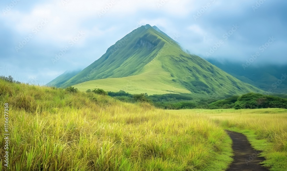 Lush green mountain landscape with path, vibrant grass, cloudy sky, serene atmosphere Lush green mountain landscape with path, vibrant grass, cloudy sky, serene atmosphere