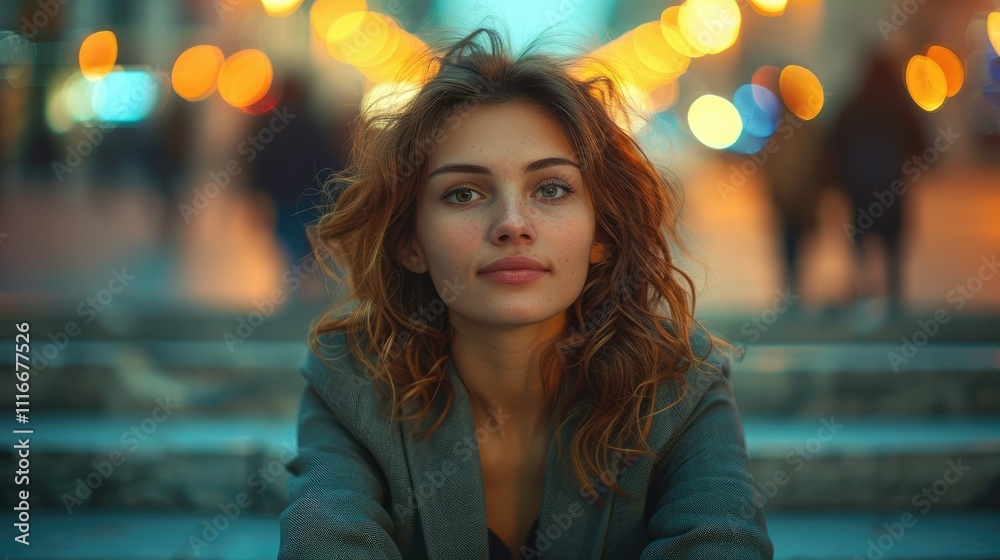Fototapeta premium Young woman with curly hair sits on steps at night, city lights blurred in background.