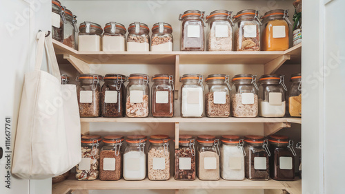 Wallpaper Mural A minimalist pantry setup with wooden shelves lined with labeled glass jars of bulk food and a cotton tote hanging close by. Torontodigital.ca