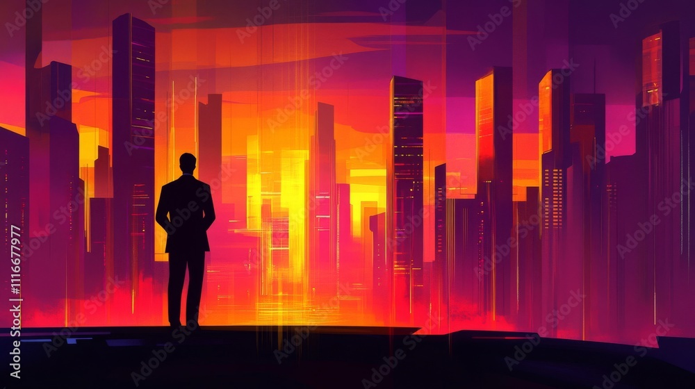 A lone figure stands in silhouette overlooking a colorful cityscape A lone figure stands in silhouette overlooking a colorful cityscape