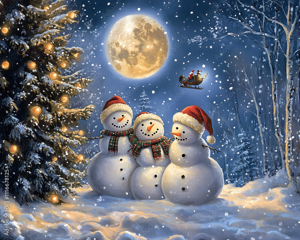 Obraz premium Three cheerful snowmen in festive attire stand in a snowy landscape at night.