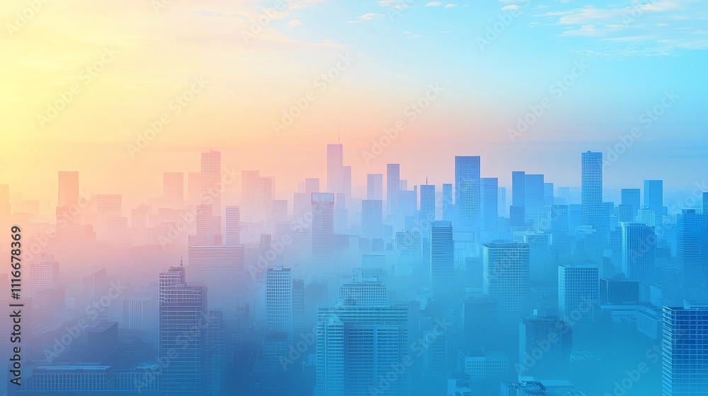 Obraz premium Urban skyline at sunrise cityscape digital artwork foggy atmosphere aerial view serenity and tranquility concept for relaxation