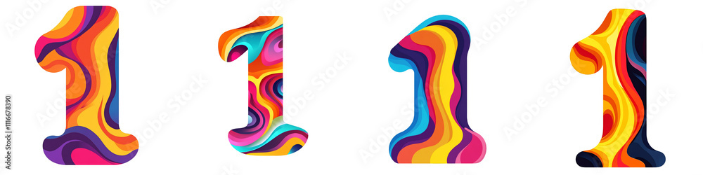 Number 1, made with bright wavy colorful pattern, logotype, One isolated on a transparent background Number 1, made with bright wavy colorful pattern, logotype, One isolated on a transparent background