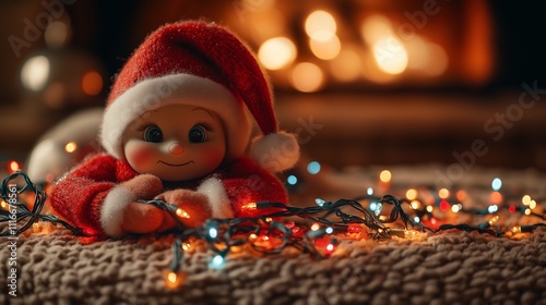 A playful Elf on the Shelf surrounded by colorful Christmas lights tangled around its body photo