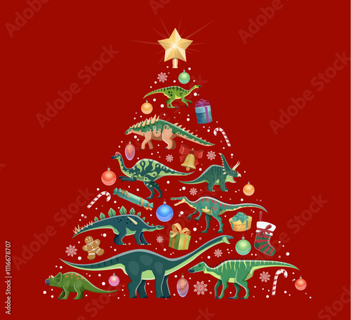 Christmas tree dinosaurs made of various dino species, ornaments, candy canes and gifts, topped with a golden star. Cartoon vector festive prehistoric themed pine tree ready for holiday celebrations photo