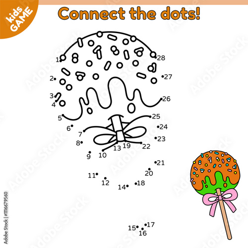 Dot to dot Christmas game for children. Connect the dots by numbers and draw a cartoon baked apple in caramel on stick with tied bow. Educational puzzle for kids with Xmas sweets. Vector illustration.