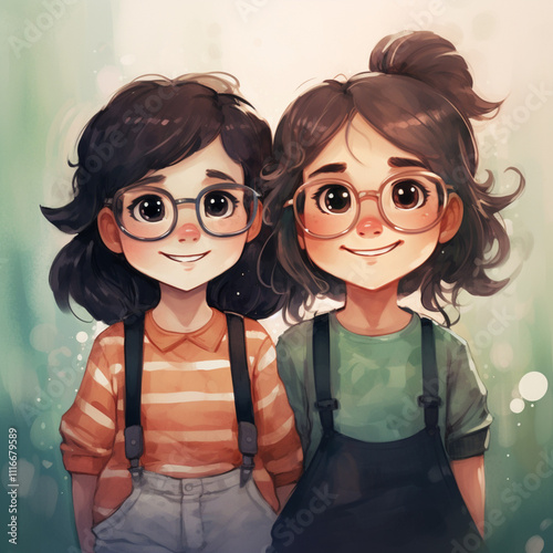 two girls schoolgirls cartoon style, 