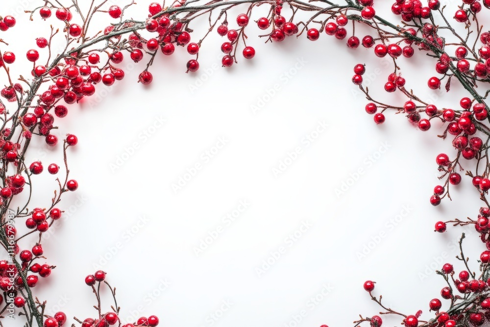 Naklejka premium Delicate red berries create a festive wreath framing a blank canvas, inviting creativity and warmth during the holiday season
