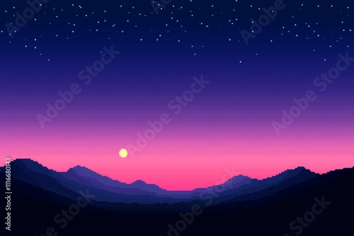A computer generated image of a beautiful, serene landscape with a large, pixel art 8 bit