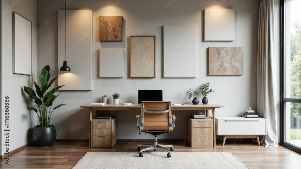A modern home office with acoustic panels on the wall. A modern home office with acoustic panels on the wall.