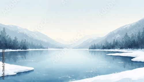  Serene winter landscape with frozen river in watercolor style