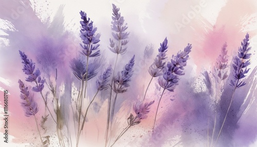 Watercolor lavender flowers in soft pastel shades