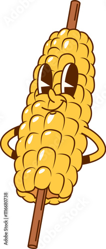 Cartoon groovy corn on a skewer fast food character. Isolated vector cheerful maize cob vegetable retro personage with ripe kernels and joyful face expression, ready for barbecue party or party outing