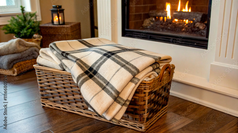 Fototapeta premium A woven basket with plaid blankets in front of a fireplace with a glowing fire, creating a cozy atmosphere in the interior.