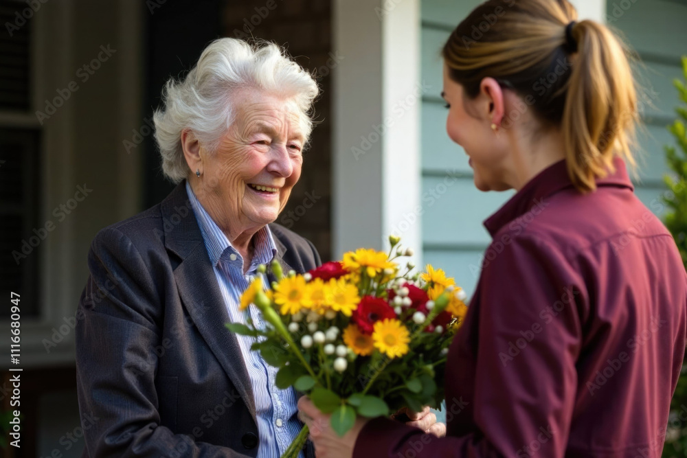 Elderly woman having beautiful bouquet delivered on the porch of a house. Gray haired woman happy and grateful. Elderly woman having beautiful bouquet delivered on the porch of a house. Gray haired woman happy and grateful.