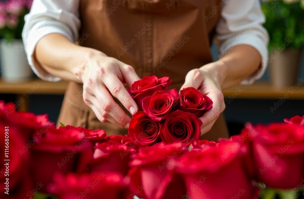 A professional florist creates an original composition of red rose. A professional florist creates an original composition of red rose.