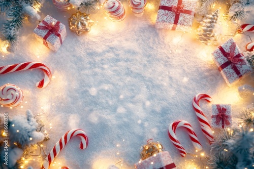 Festive celebration brings joy with sparkling lights, sweet treats, and beautifully wrapped gifts surrounded by a wintry wonderland in a cozy winter setting