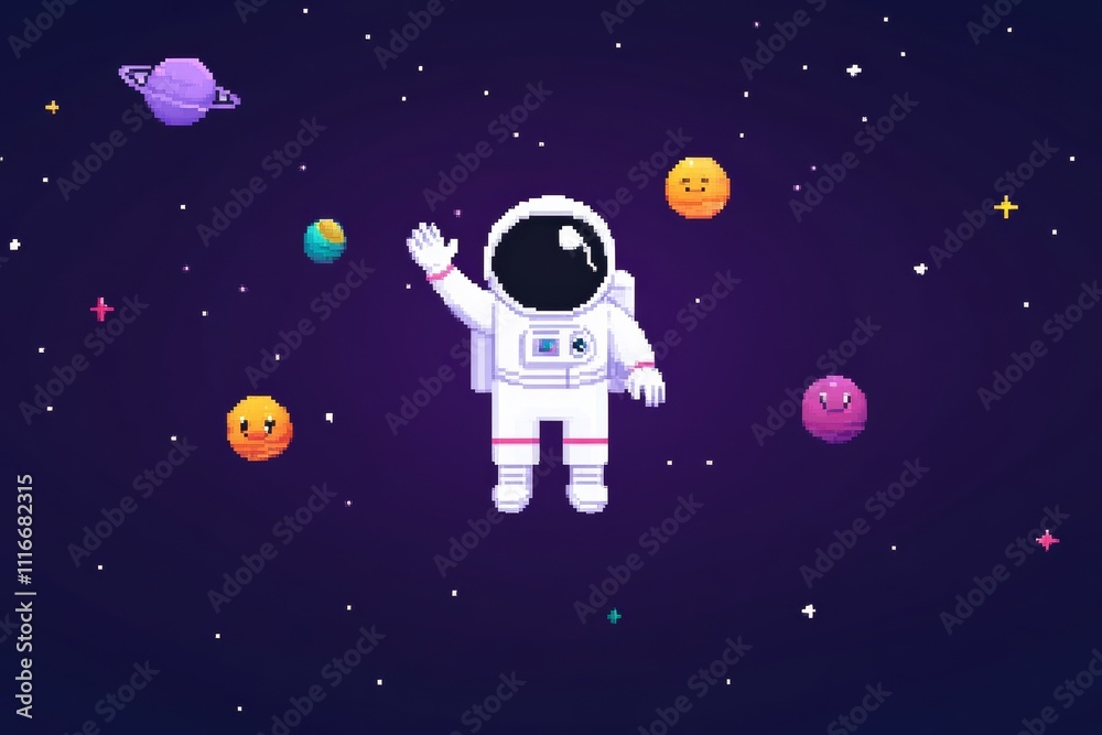 A space scene with a man in a white spacesuit waving, pixel art 8 bit