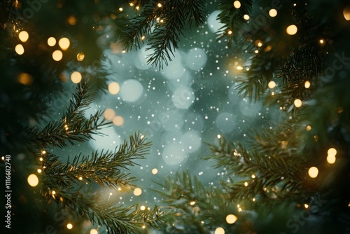 Winter wonderland framed by pine branches sparkling with lights and soft snowfall creating a magical holiday atmosphere