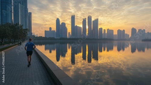Man jogging along an urban riverwalk at sunrise, the reflections of skyscrapers shimmering on the calm water