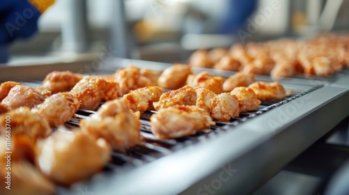 Close-up of Grilled Chicken Pieces on a Conveyor Belt in a Food Processing Plant photo