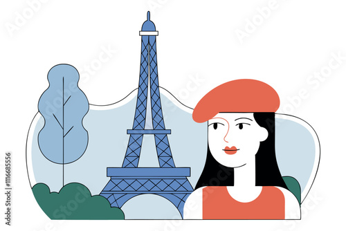 Cheerful woman in front of Eiffel tower vector illustration. Trip to Paris concept