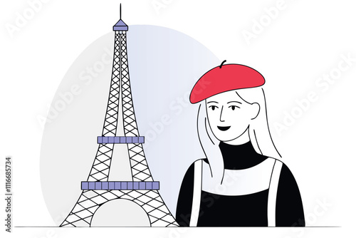 Cheerful woman in front of Eiffel tower vector illustration. Trip to Paris concept