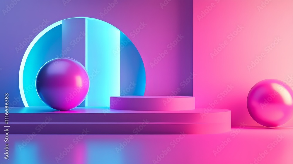 Modern abstract composition featuring vibrant spheres on a neon-lit stage, blending pink, purple, and blue hues for a futuristic aesthetic. AI generative.