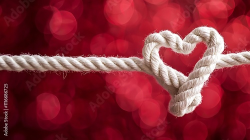 A white rope tied into a heart-shaped knot set against a red bokeh background, symbolizing commitment in marriage or romantic partnerships