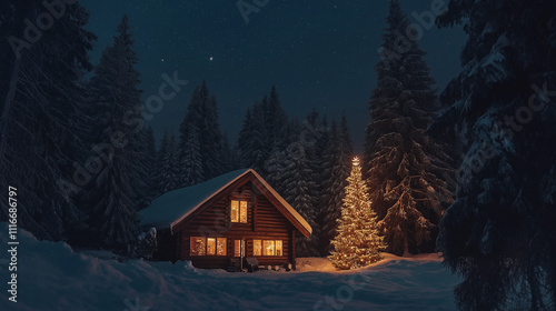 Cozy winter cabin with Christmas tree in snowy forest setting.  Warm lights and decorated for Christmas