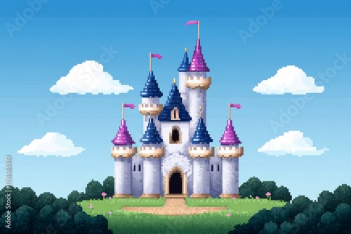 Wallpaper Mural A castle with a blue roof and pink flags on top, pixel art 8 bit Torontodigital.ca