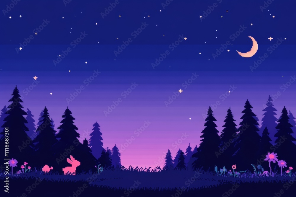 Naklejka premium A computer generated image of a forest at night with a rabbit and a deer, pixel art 8 bit