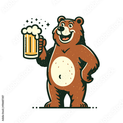 Cheerful cartoon bear holding a frothy beer mug isolated vector illustration