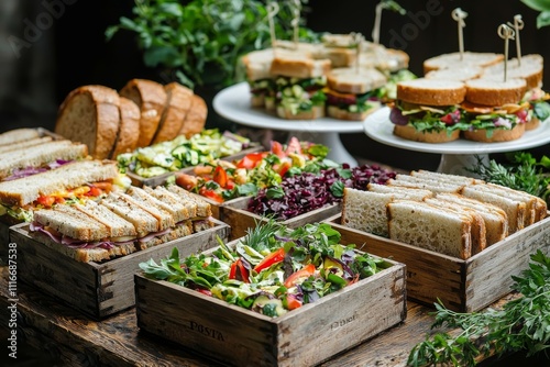 delightful corporate event morning tea setup featuring self-serve sandwiches on tiered wooden platters. The table is adorned with vibrant salads in ceramic bowls and an assortment of breads displayed
