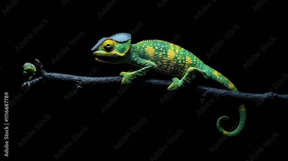 Fototapeta premium A vibrant chameleon clinging to a branch, its skin transitioning between bright green and yellow, ,