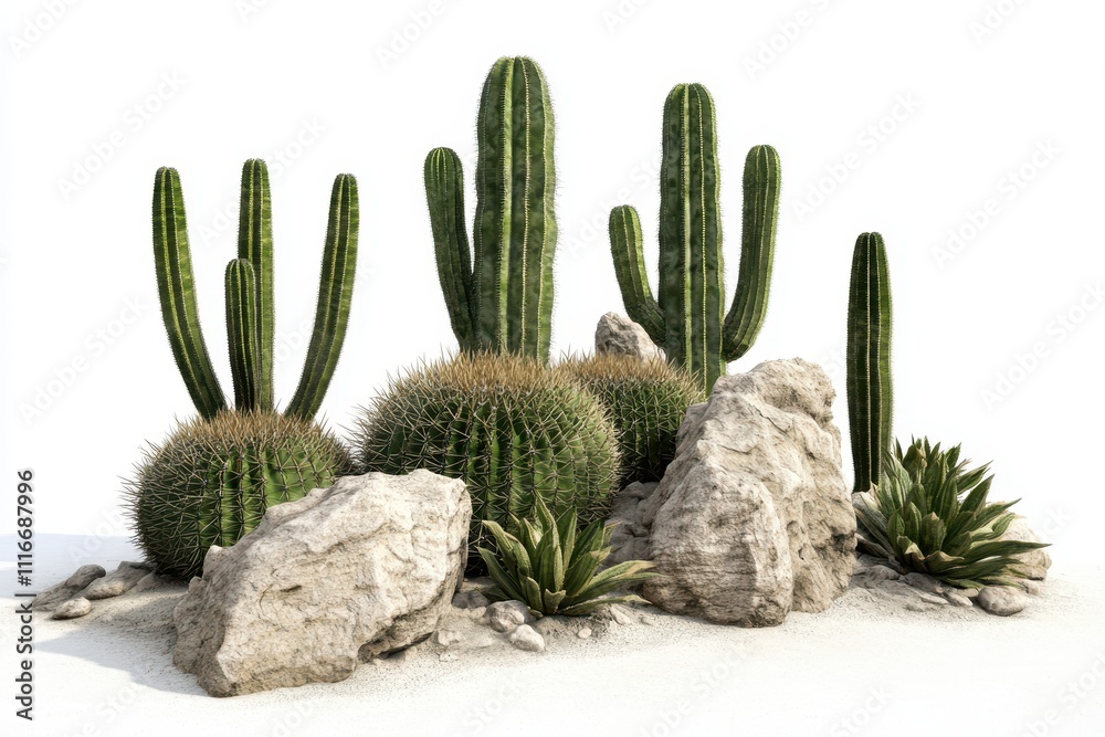 Distinct clusters of green cactus plants with thick spiky stems and growing from sandy or rocky soil Distinct clusters of green cactus plants with thick spiky stems and growing from sandy or rocky soil